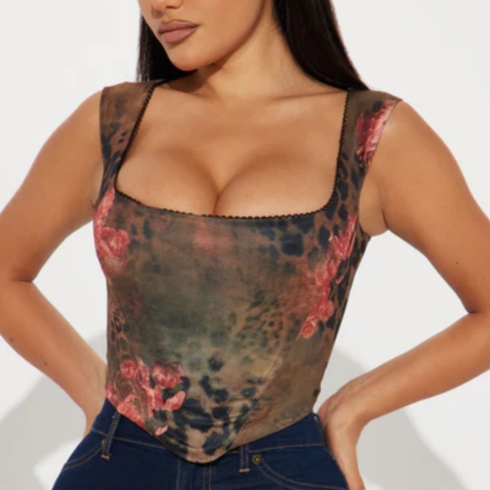 Floral Leopard Corset Top - Brown